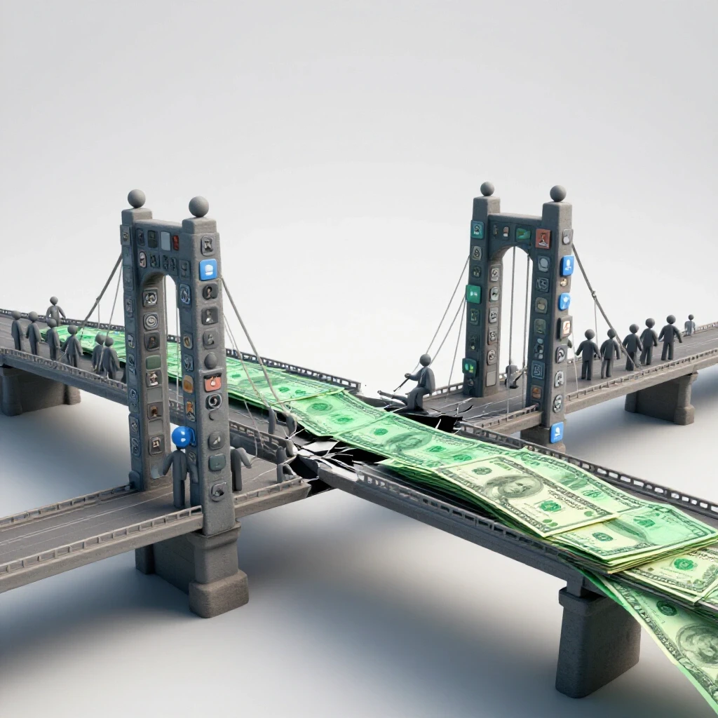 A broken bridge of social media icons with dollar bills and confused users illustrating retargeting CPA challenges.