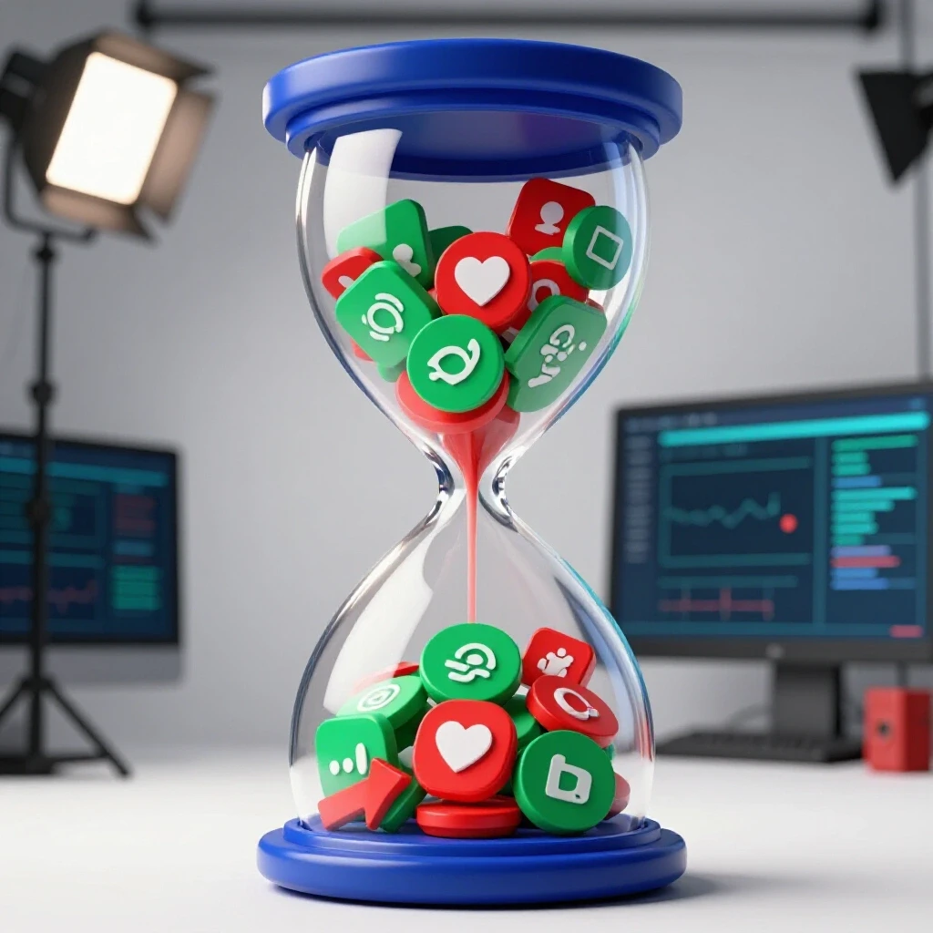 A large hourglass filled with vibrant social media icons, representing urgency in digital marketing retargeting.