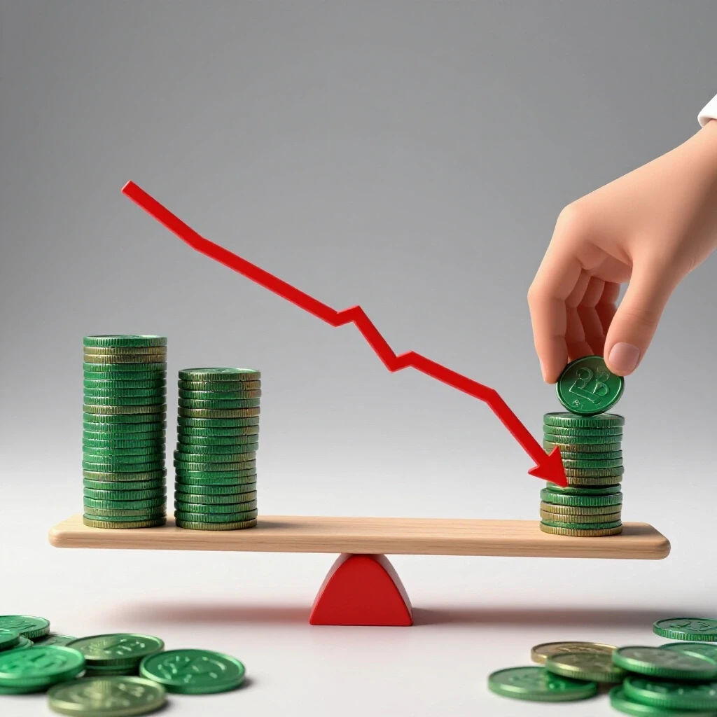 A balanced seesaw depicting coins and a declining graph, symbolizing investment management in social media ads.