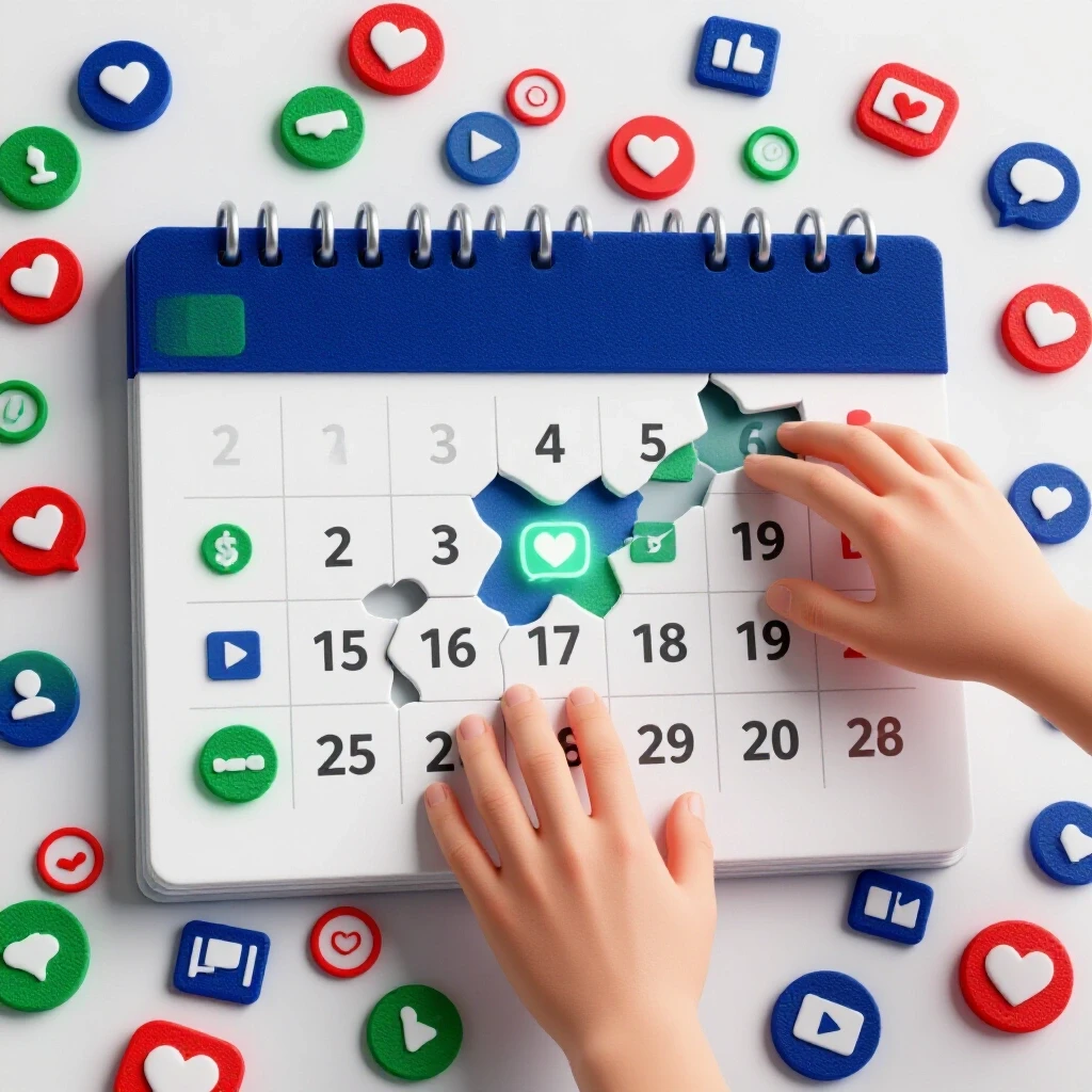A fragmented calendar with glowing social media icons and hands reconstructing it, conveying urgency.