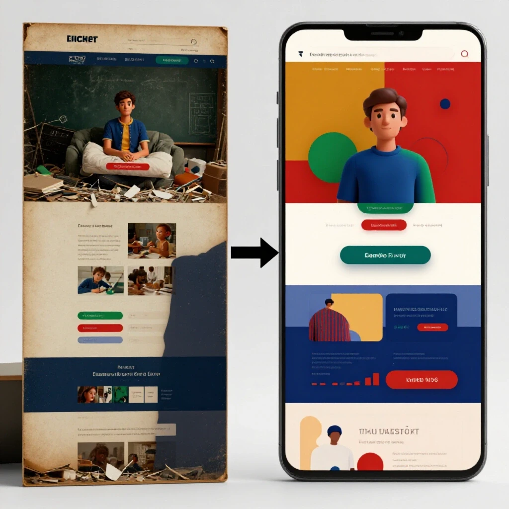 A split-screen comparison of a cluttered outdated landing page versus a modern vibrant landing page, illustrating transformation.