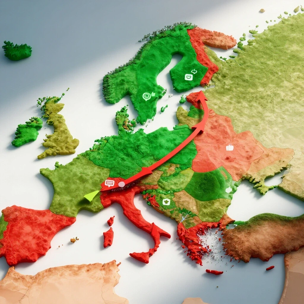 A 3D-rendered map illustrating social media campaign successes and failures with vibrant colors and directional arrows.