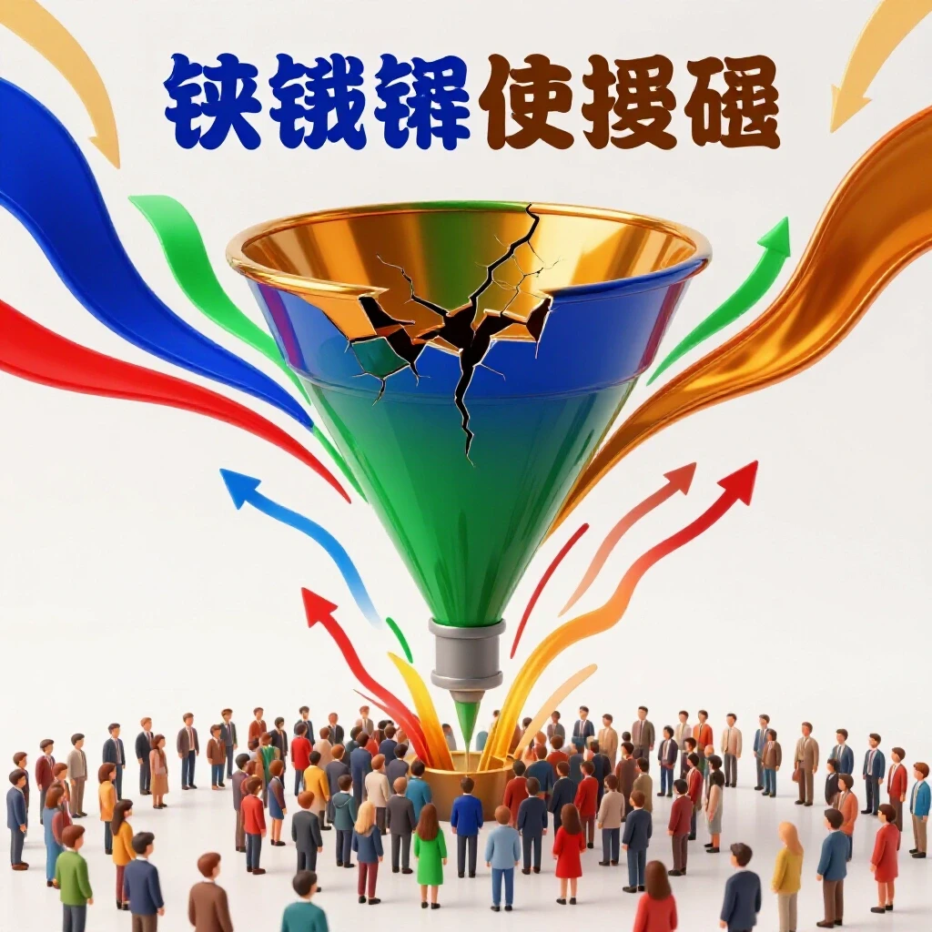 A colorful 3D funnel symbolizing lead generation with leaks, directing towards audience growth.