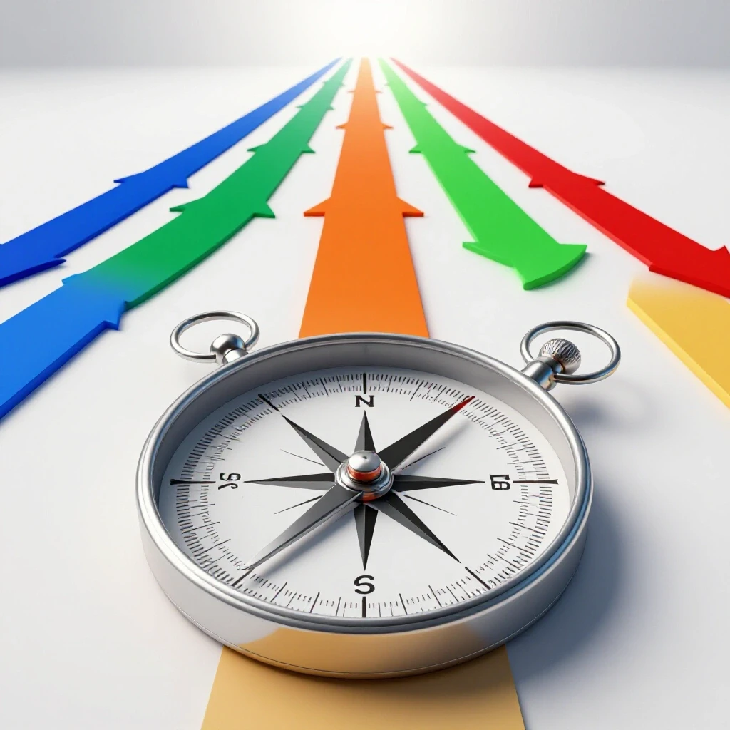 A broken compass with colorful arrows leading to a bright horizon, symbolizing the journey to successful ad campaigns.