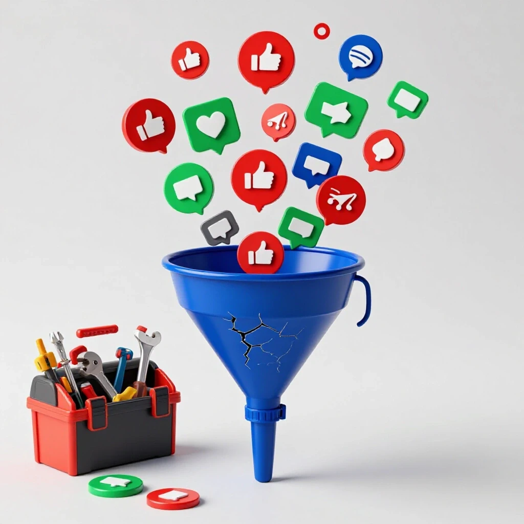 A broken funnel leaking vibrant social media icons with a nearby toolbox, symbolizing repair and troubleshooting.