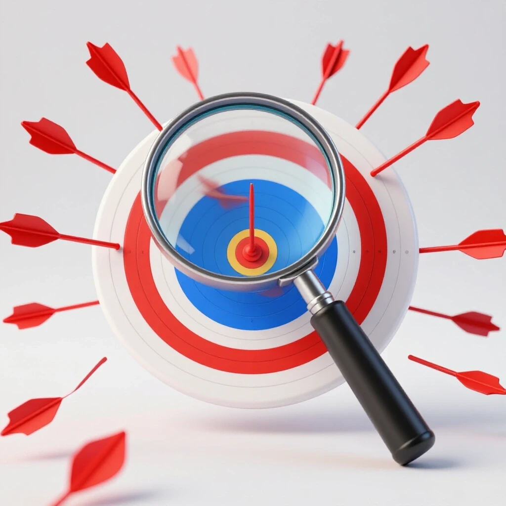 A magnifying glass focused on a target board with scattered red arrows around it, representing social media ad targeting errors.