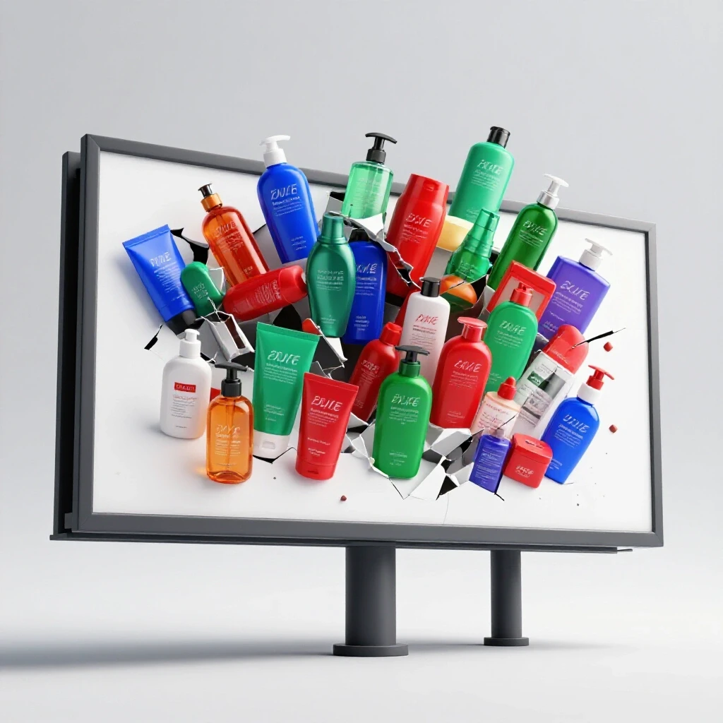 A broken advertisement billboard spilling vibrant products, symbolizing failed marketing efforts against a clean backdrop.