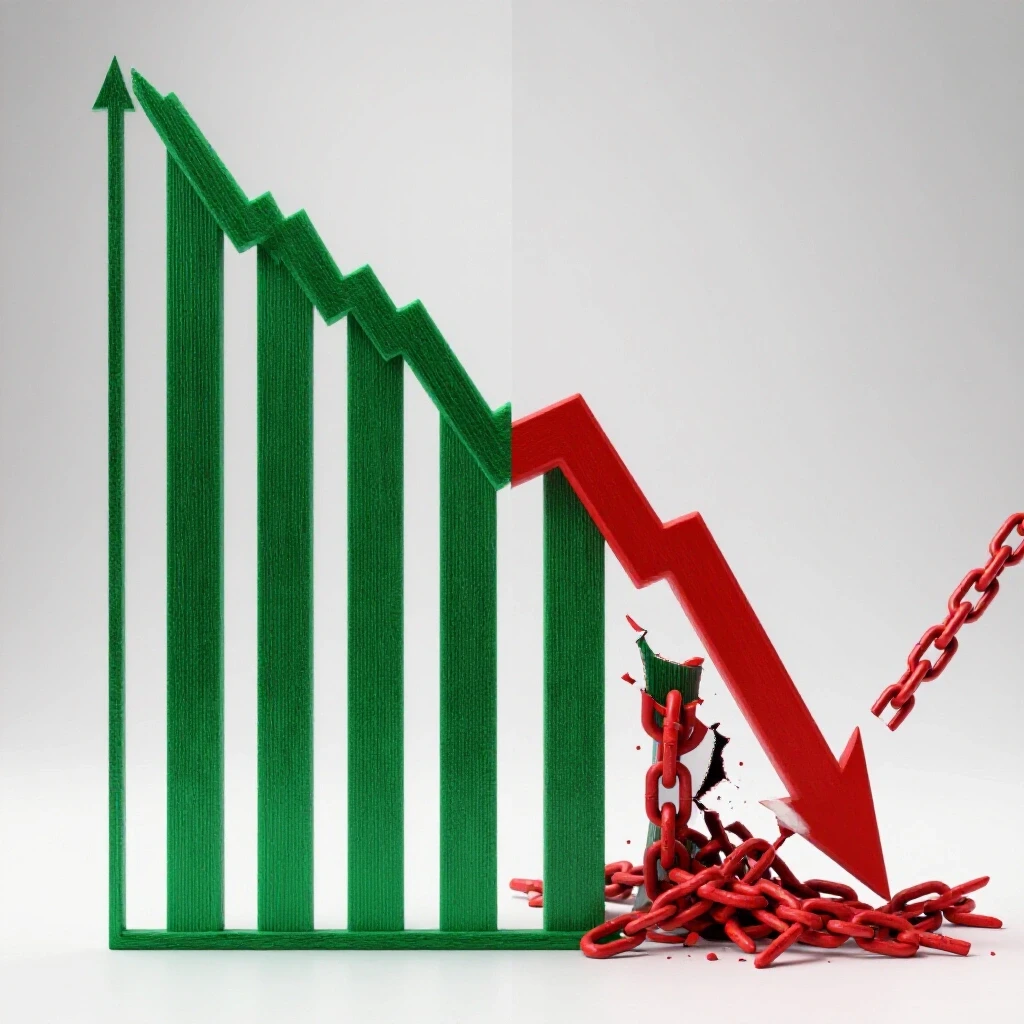 A visually striking split image showing success represented by a graph and failure depicted by chaotic trends and broken chains.