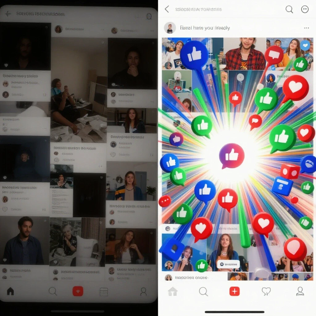 A split-screen image showing a dim, neglected social media feed versus a vibrant, engaging feed with animated likes and shares.