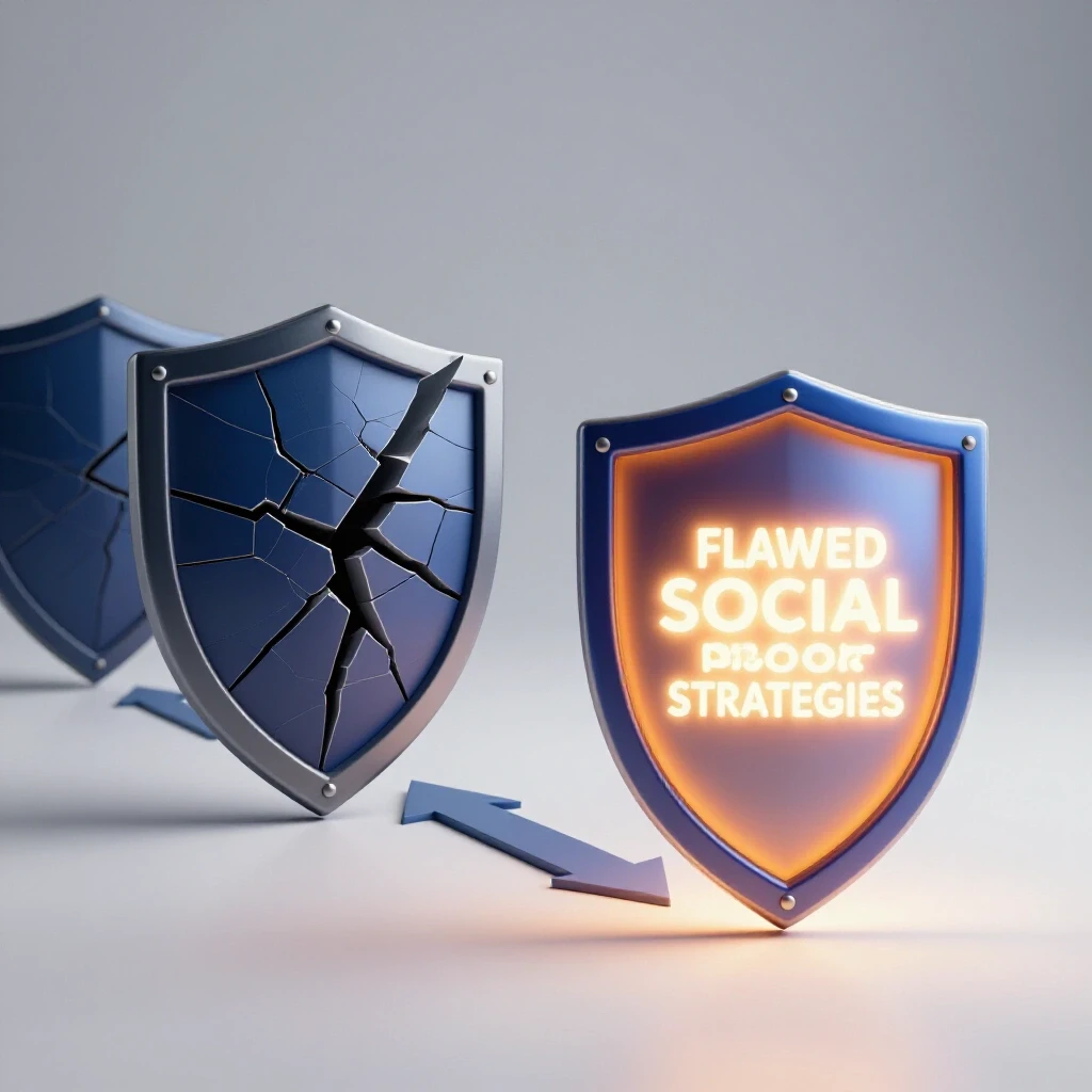 A 3D image depicting a cracked shield and a glowing shield, representing flawed and effective social proof strategies, respectively.