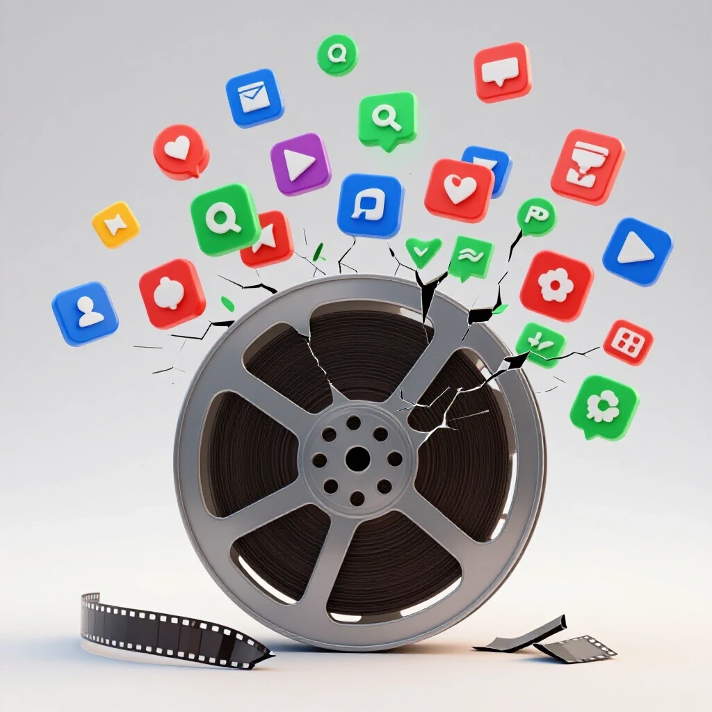 A broken film reel with colorful social media icons emerging, symbolizing growth and transformation.