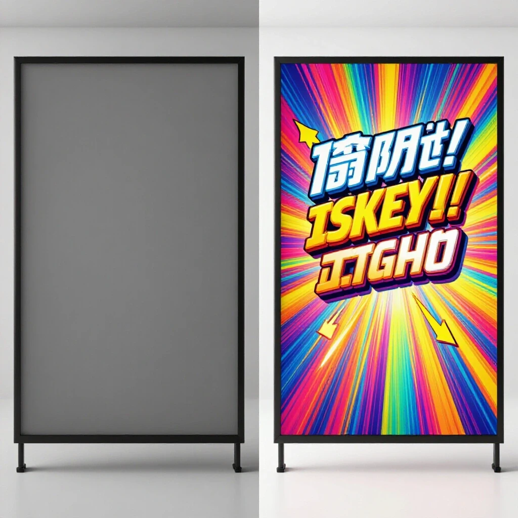 A split-screen image showing a dull gray ad on the left and a vibrant colorful ad on the right, illustrating transformation.
