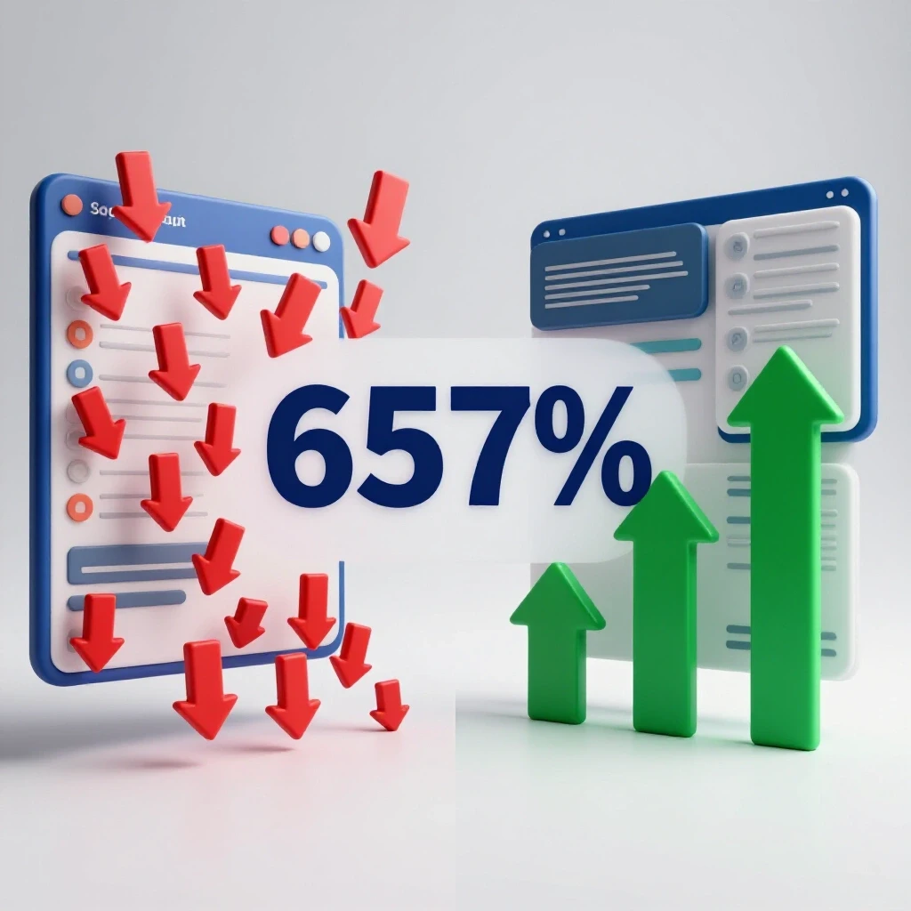A split-screen depiction highlighting a chaotic social media ad setup on one side and an organized successful ad layout on the other, symbolizing transformation.