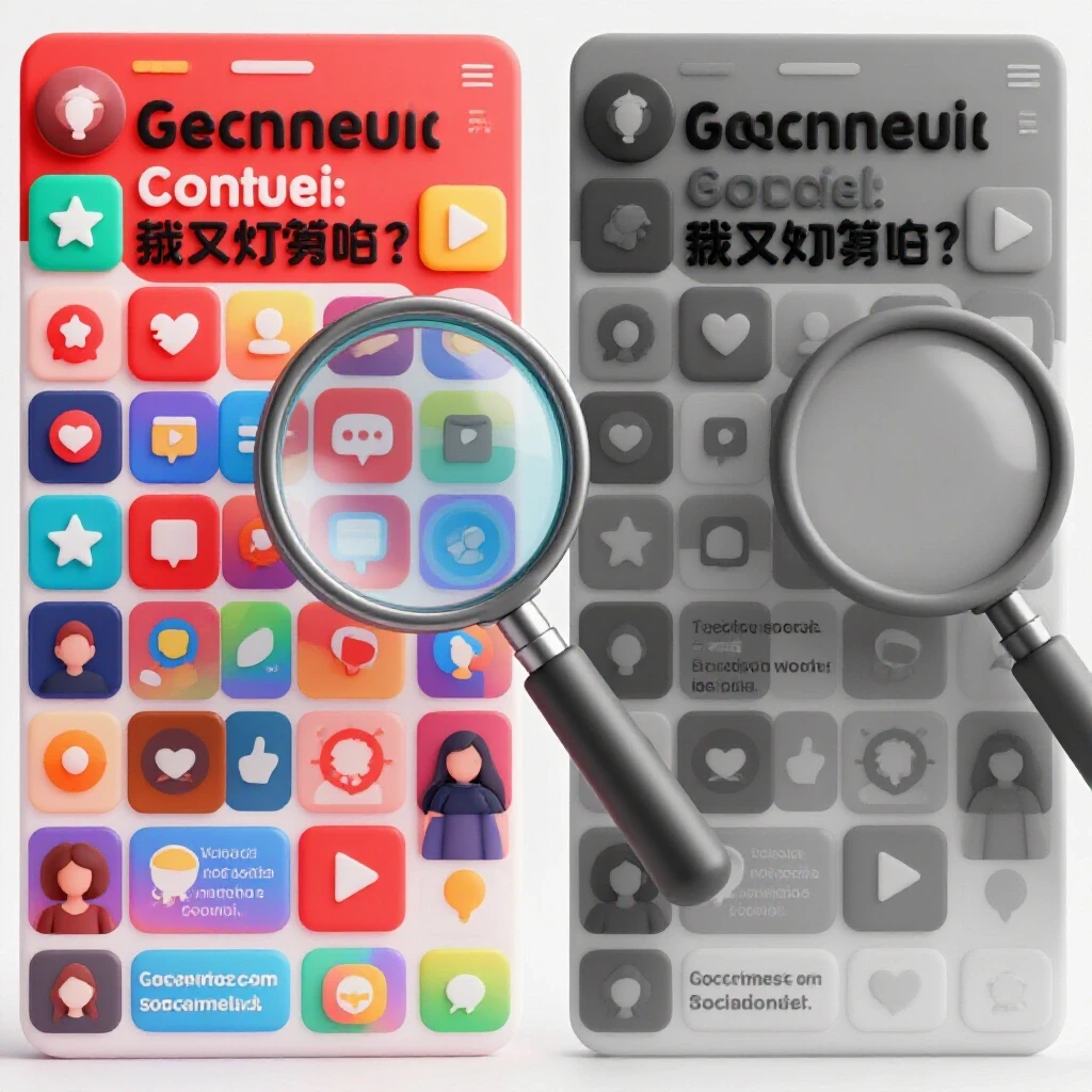 A contrasting 3D-rendered image of a vibrant social media post and its dull counterpart emphasizing trust issues.