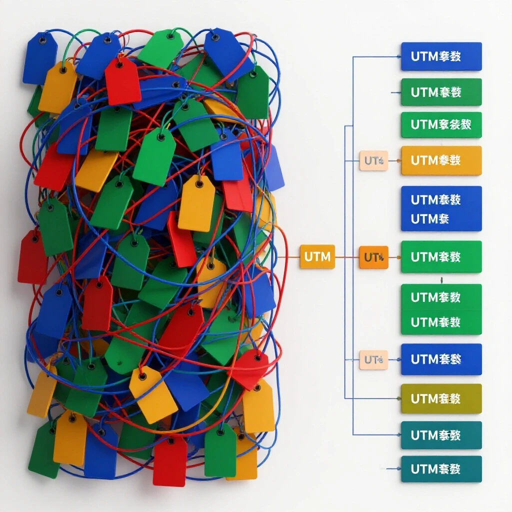 A chaotic web of misaligned tags contrasts with a clear flowchart of UTM parameters against a bright background, symbolizing clarity.