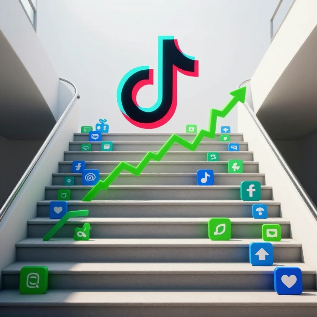 A vibrant 3D staircase leading up to a glowing TikTok logo, surrounded by social media icons symbolizing growth.