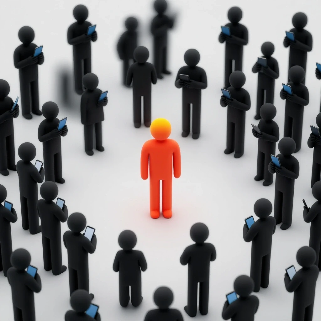 A bright figure amidst shadowy figures holding phones, illustrating superficial connections in social media.