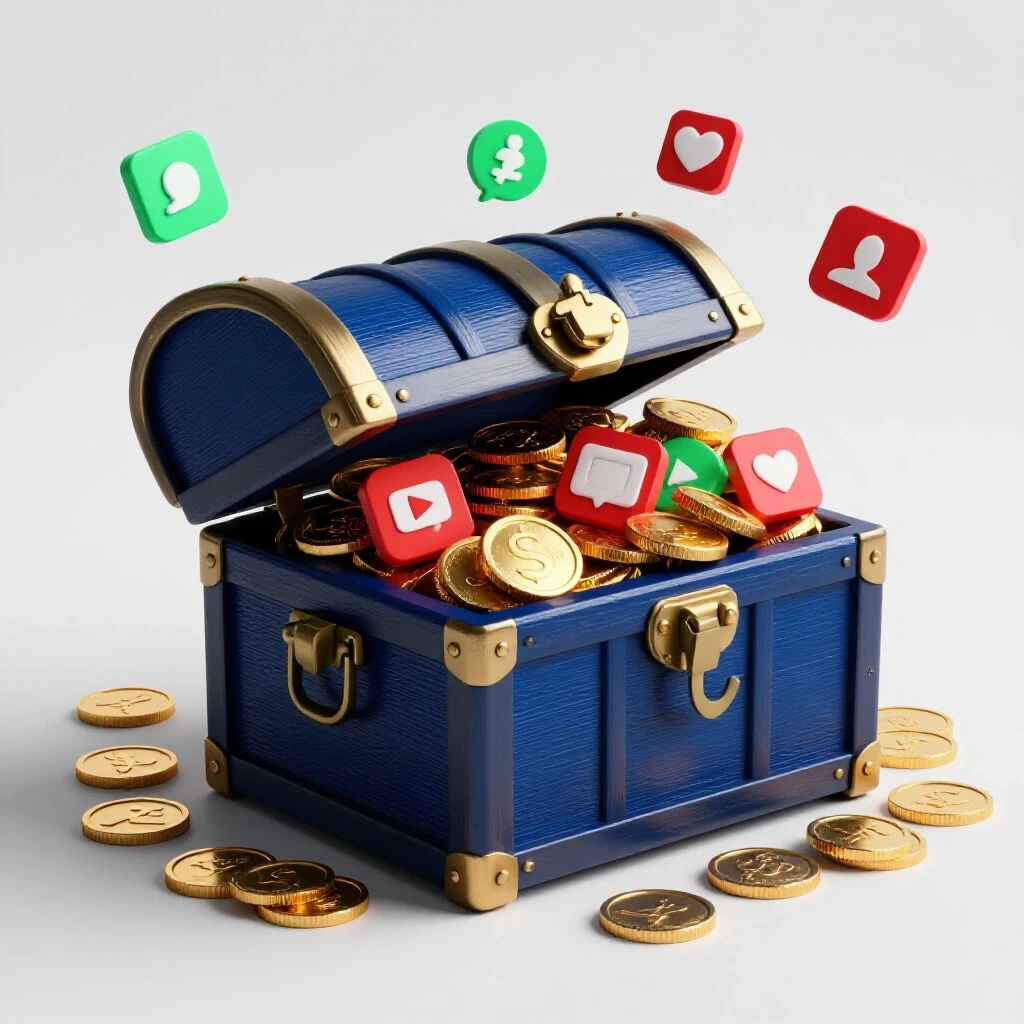 A treasure chest overflowing with gold coins and social media icons against a bright background.