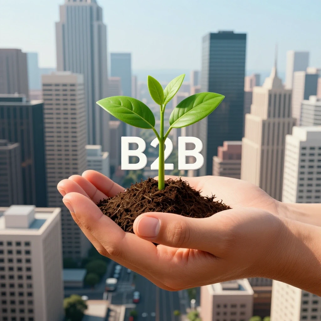 A giant hand nurturing a small plant resembling a B2B logo against a bustling cityscape, symbolizing growth and connection.