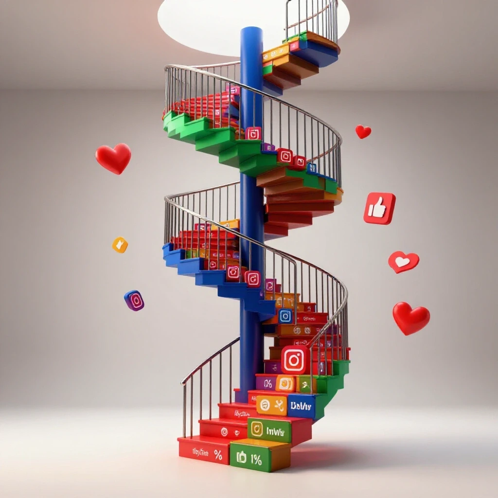 A colorful Instagram icon staircase symbolizing personal brand growth, surrounded by engagement symbols.