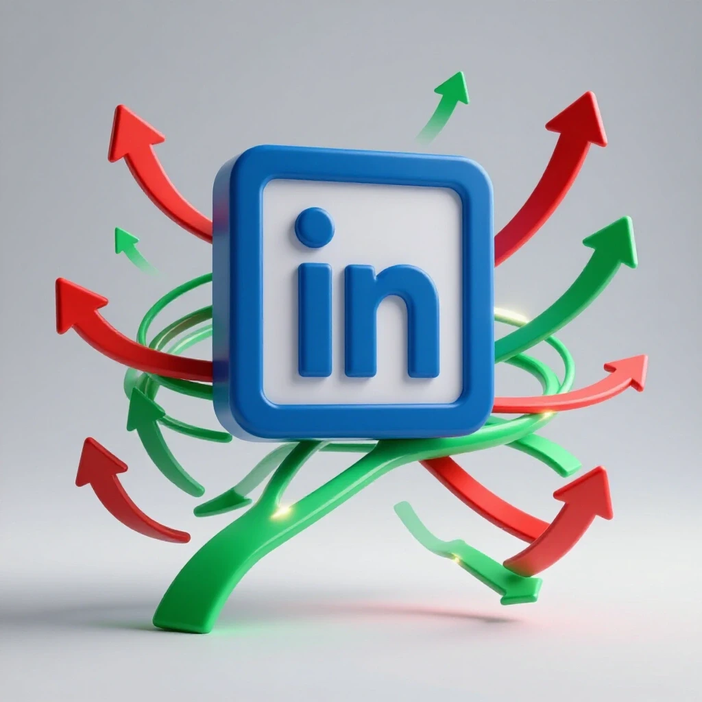 A giant LinkedIn logo surrounded by glowing upward arrows, symbolizing personal brand growth and authority.