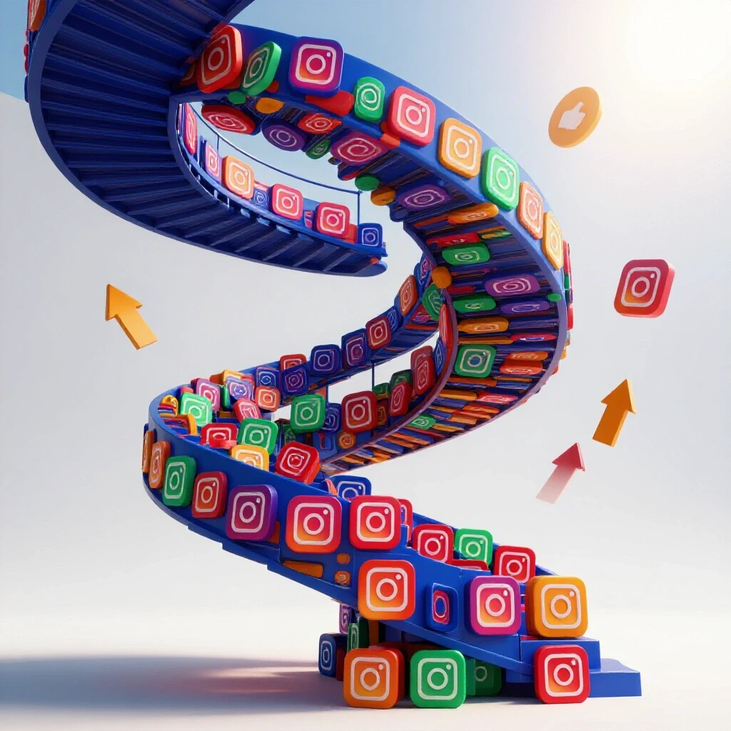 A vibrant, spiraling staircase of colorful Instagram logos ascending into a bright sky, symbolizing social media growth.