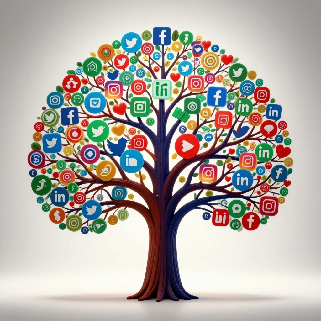 A vibrant tree symbolizing growth in social media accounts with colorful platform icons as branches against a bright background.