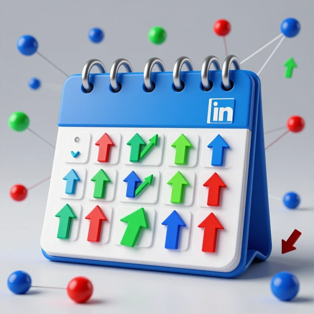 3D-rendered calendar with vibrant arrows symbolizing growth and networking, featuring a bright background.