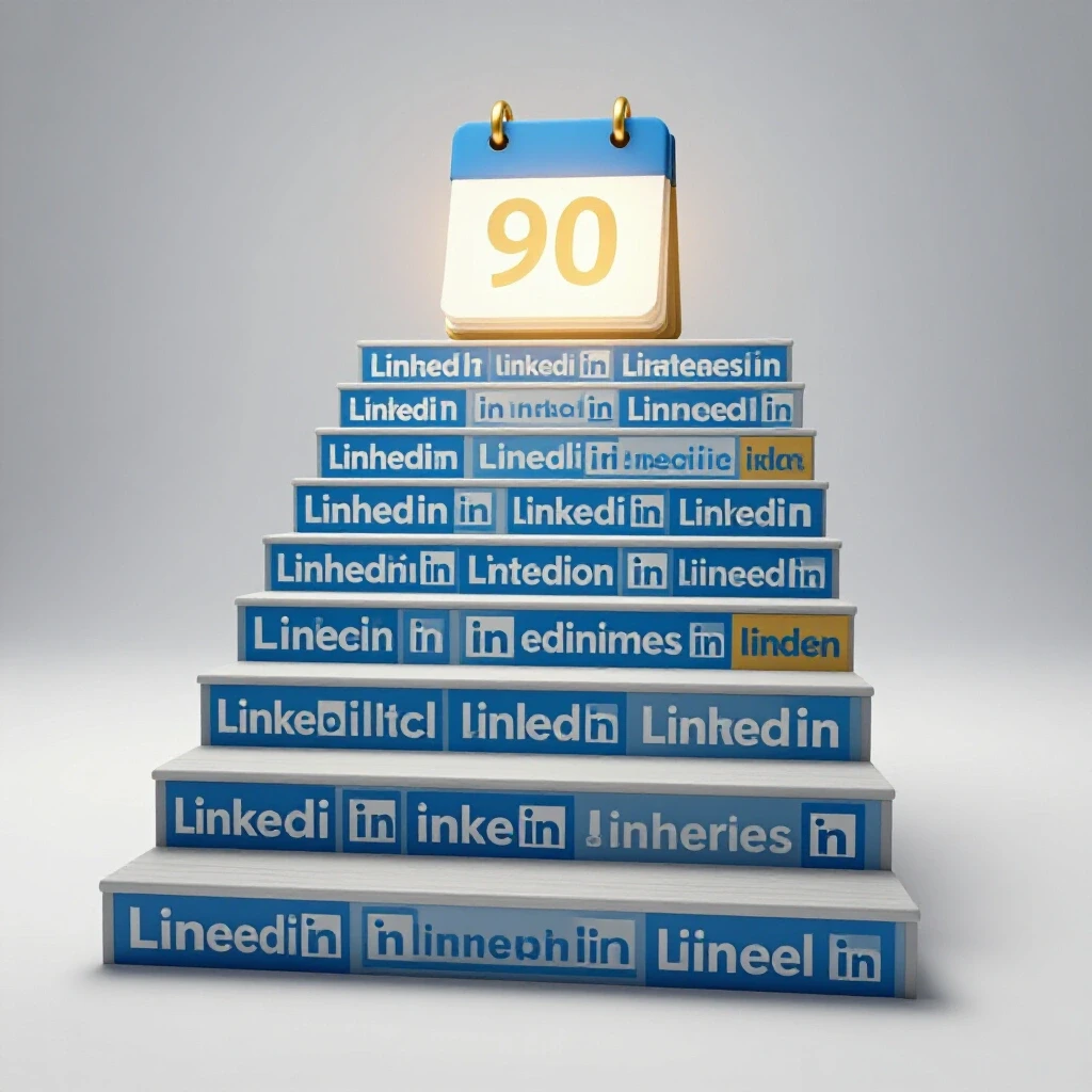 A staircase made of LinkedIn logos leading to a glowing 90-day calendar, symbolizing growth strategies.