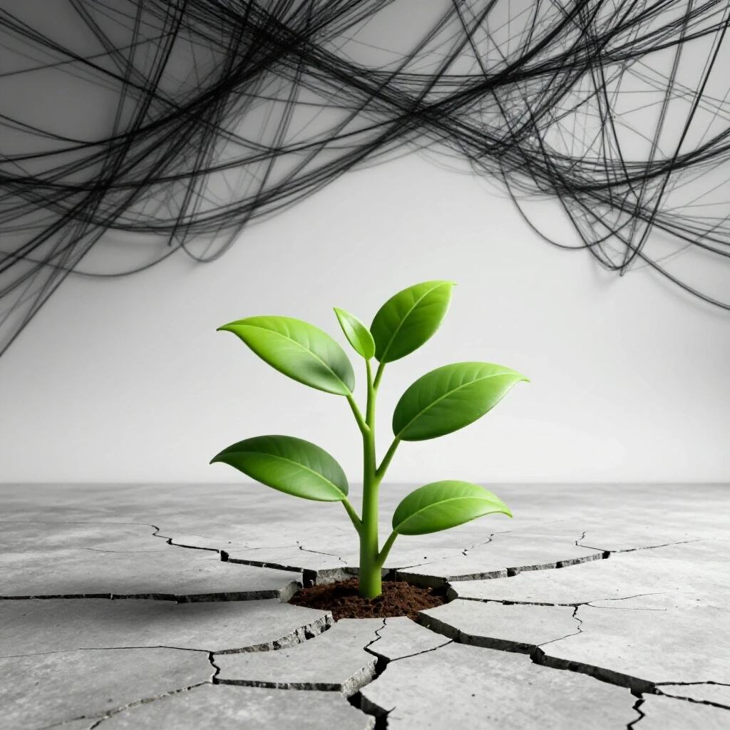 A vibrant green plant growing from cracked concrete, symbolizing resilience amidst a web of shadows in the background.