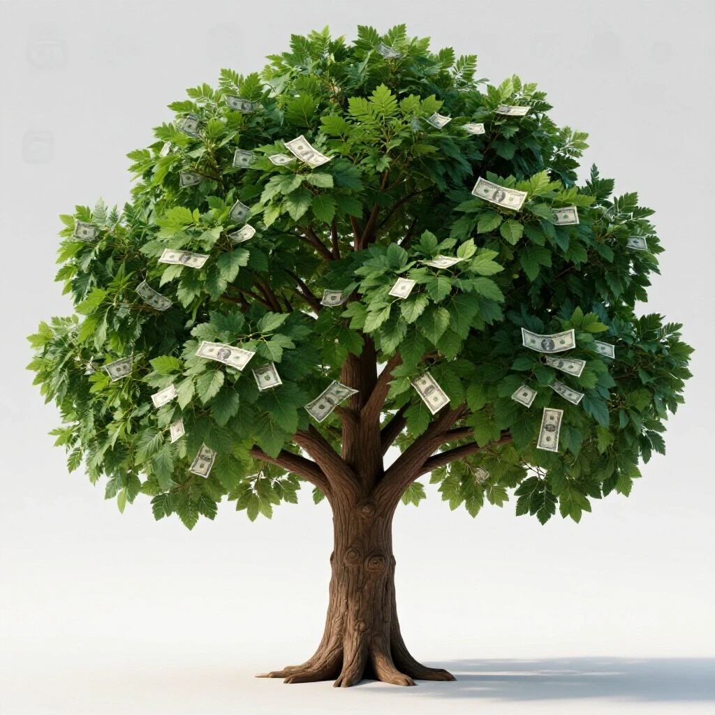 A lush tree with dollar bills as leaves, symbolizing revenue growth, against a faded social media icon background.