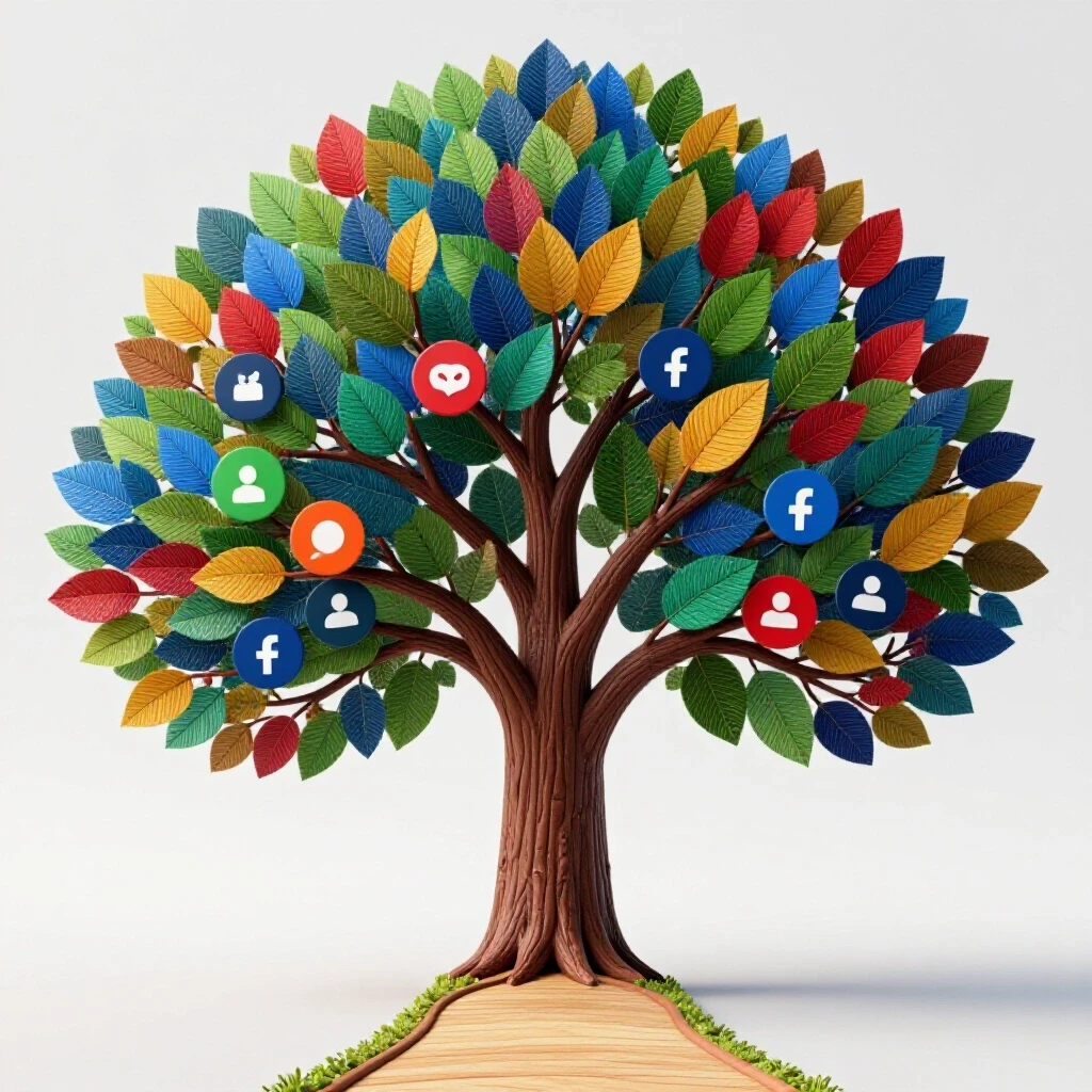 A vibrant tree symbolizing social media growth with colorful leaves and a winding path on a bright background.