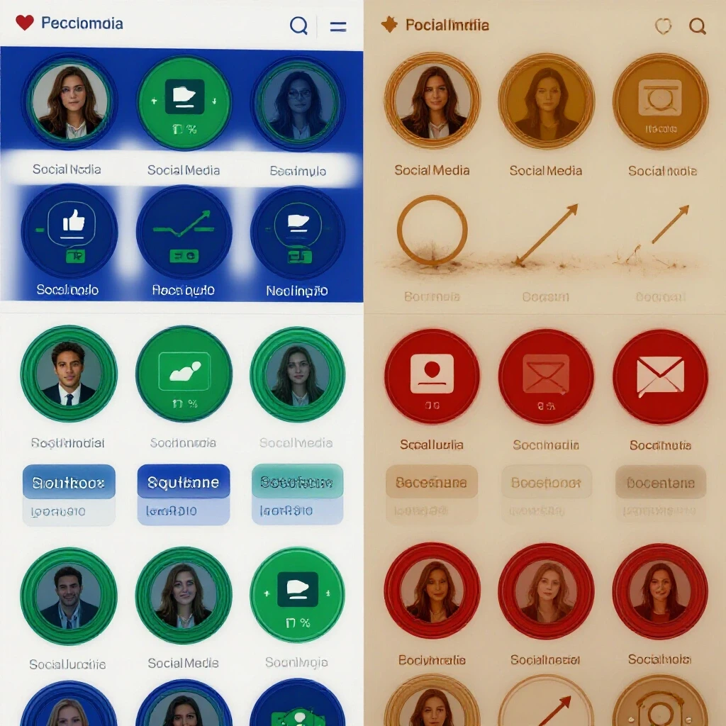 Split-screen image showing a vibrant, engaging social media profile juxtaposed with a neglected one, highlighting growth versus stagnation.