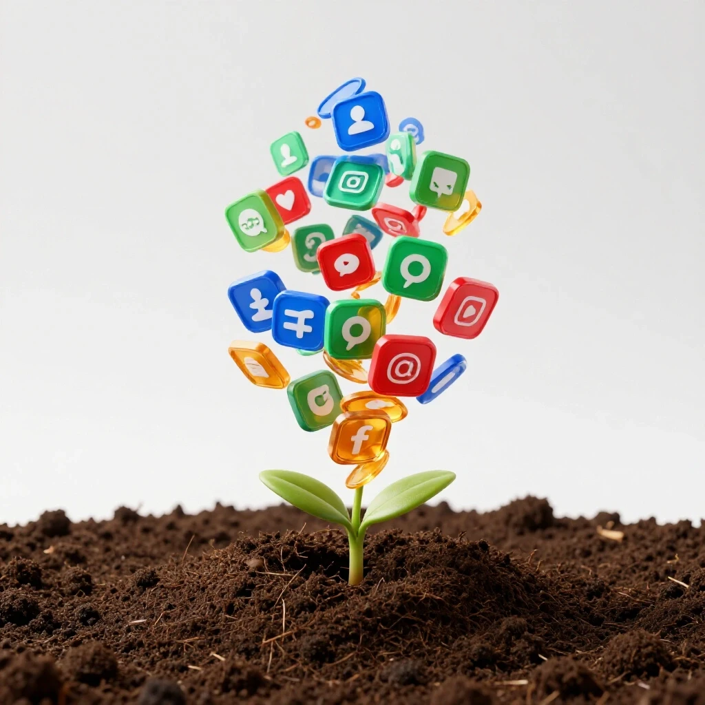 A seed in soil with colorful social media icons spiraling upward, symbolizing growth and potential.
