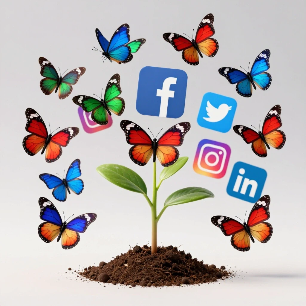 A seedling breaking through soil with colorful butterflies symbolizing social media growth and potential.