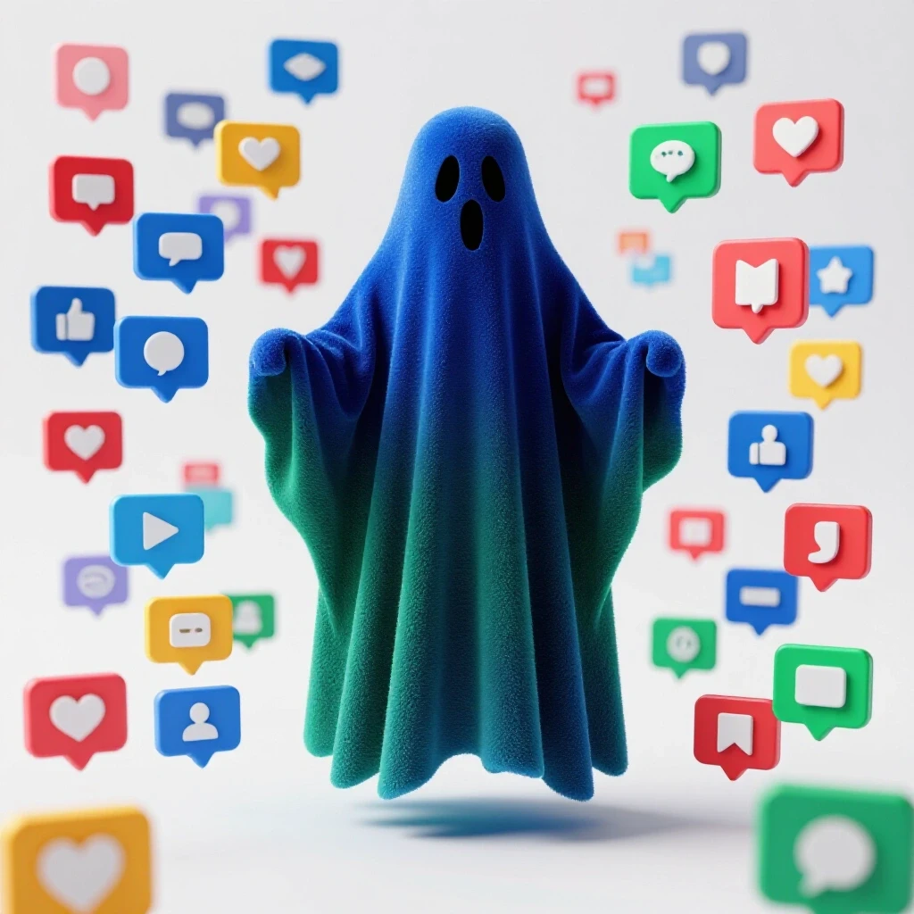 A ghostly figure fades away amid a vibrant scene of social media notifications, symbolizing lost connections in marketing.