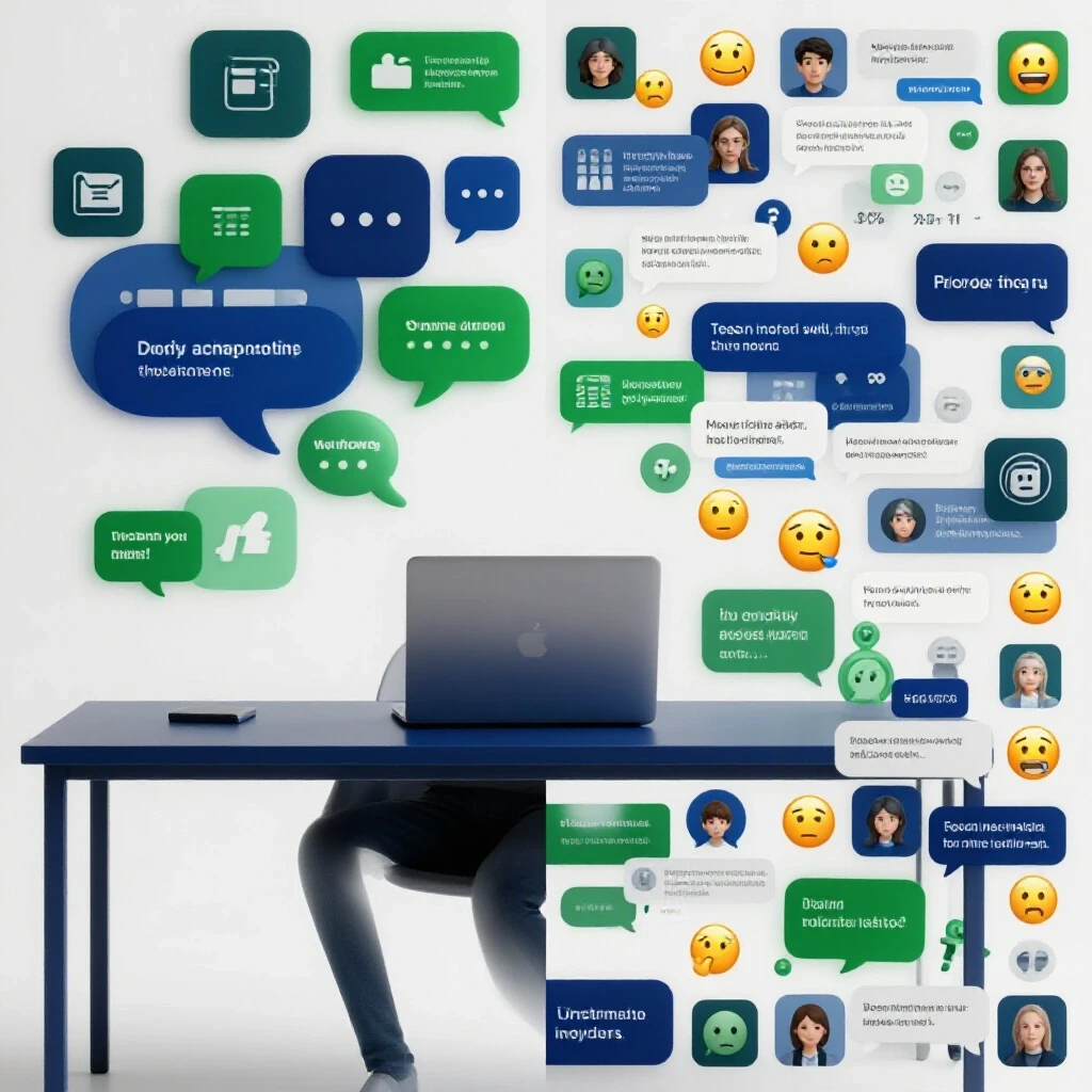 A split image showcasing a calm workspace on one side and a chaotic social media feed on the other, highlighting the contrast in client conversations.