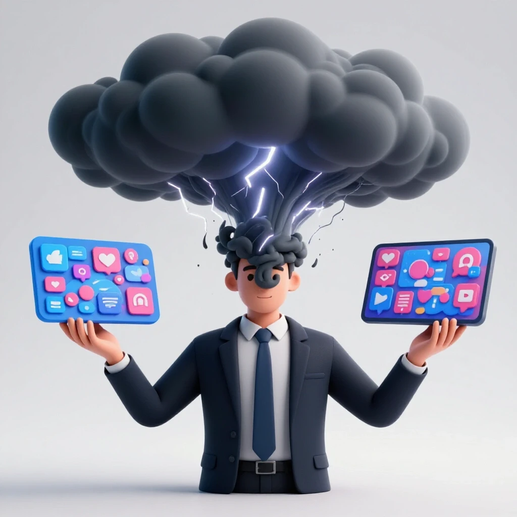 A calm consultant balancing a turbulent storm and a vibrant social media platform in a bright studio setting.