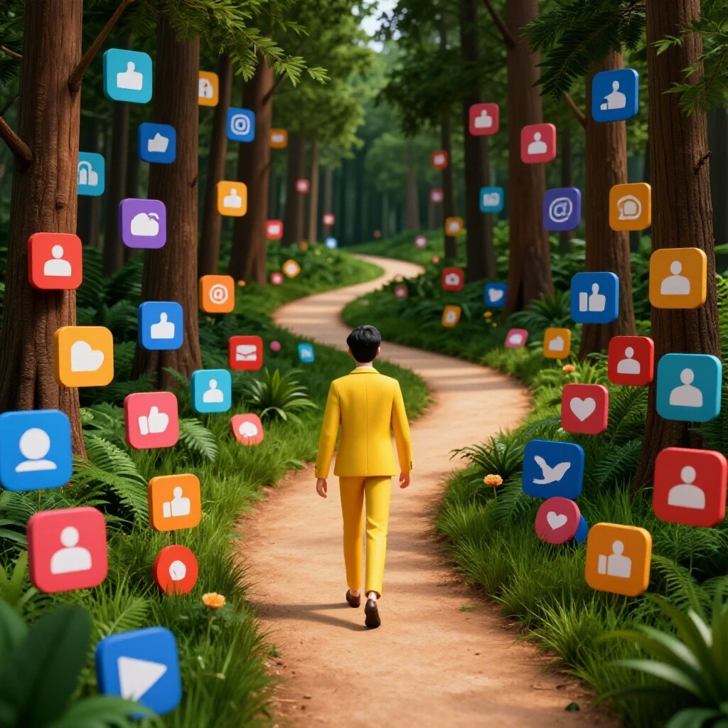 A consultant navigating a winding path through a chaotic forest of vibrant social media icons, symbolizing scope creep.