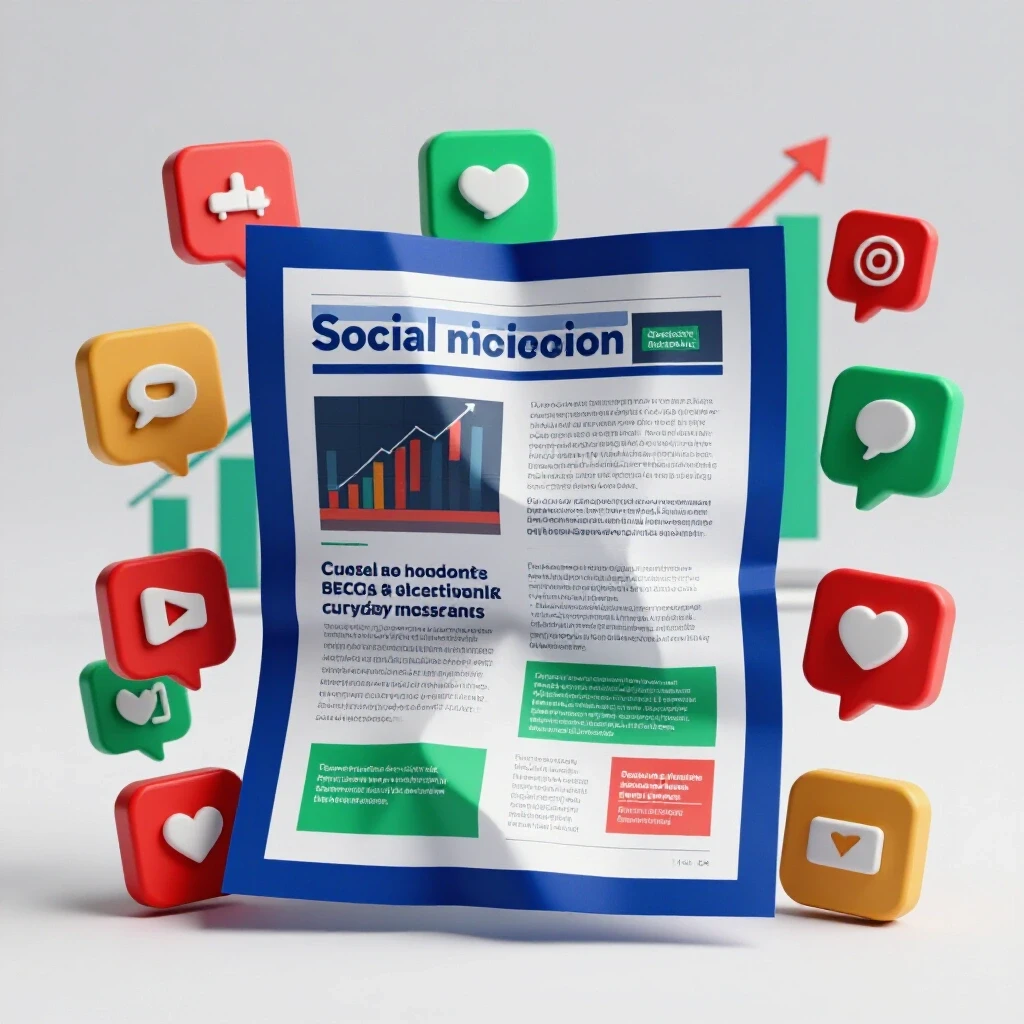 A vibrant crumpled ad campaign proposal surrounded by social media icons and growth charts in a bright studio setting.