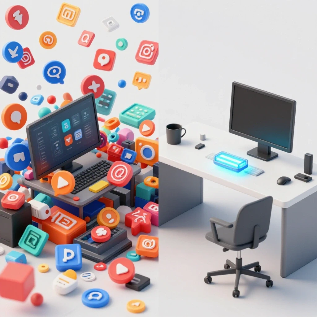 A split image showing a chaotic workspace with social media icons and a minimalist desk with a glowing tool, illustrating workflow efficiency.