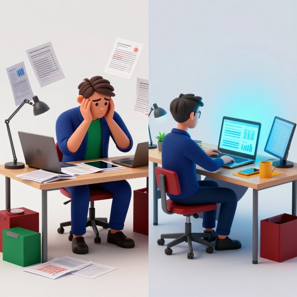 A split scene showing a stressed marketer with a cluttered desk on one side and a calm, organized workspace with a confident marketer on the other.