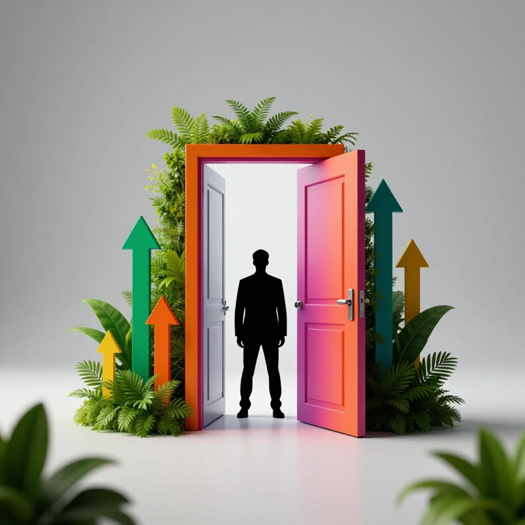 A vibrant open door symbolizes growth in marketing, with a shadowy figure representing a media buyer and surrounding growth elements.