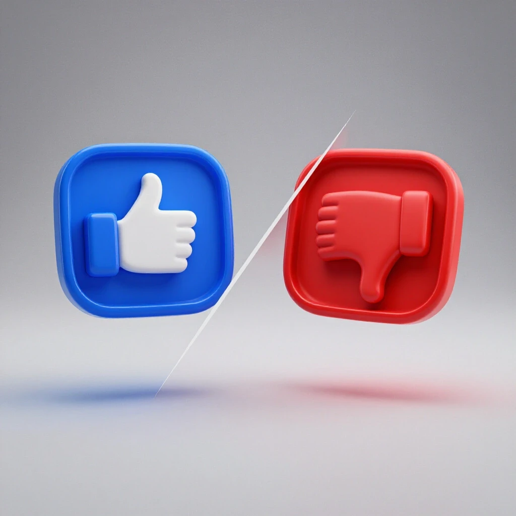 A split image showing two vibrant social media ad designs, one with a thumbs-up icon and the other with a thumbs-down icon, illustrating A/B testing in marketing.