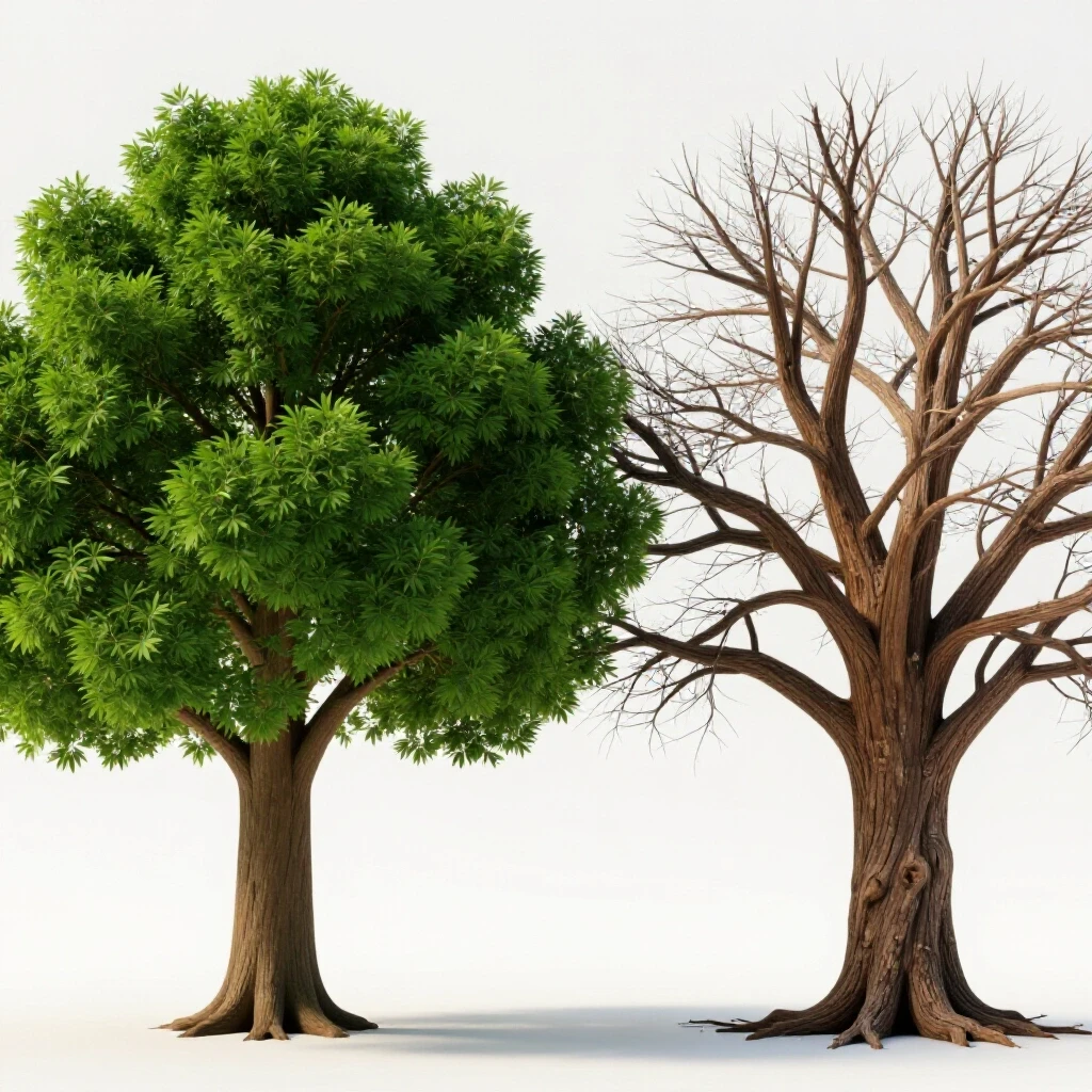 A vibrant flourishing tree alongside a barren tree, symbolizing contrasting social media growth strategies.