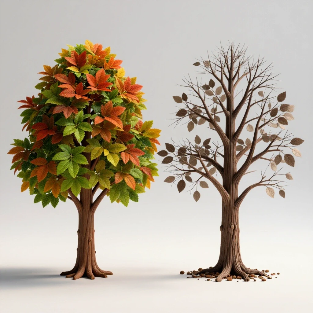 A vibrant tree with colorful leaves juxtaposed against a wilted tree with fake leaves, symbolizing follower growth authenticity.