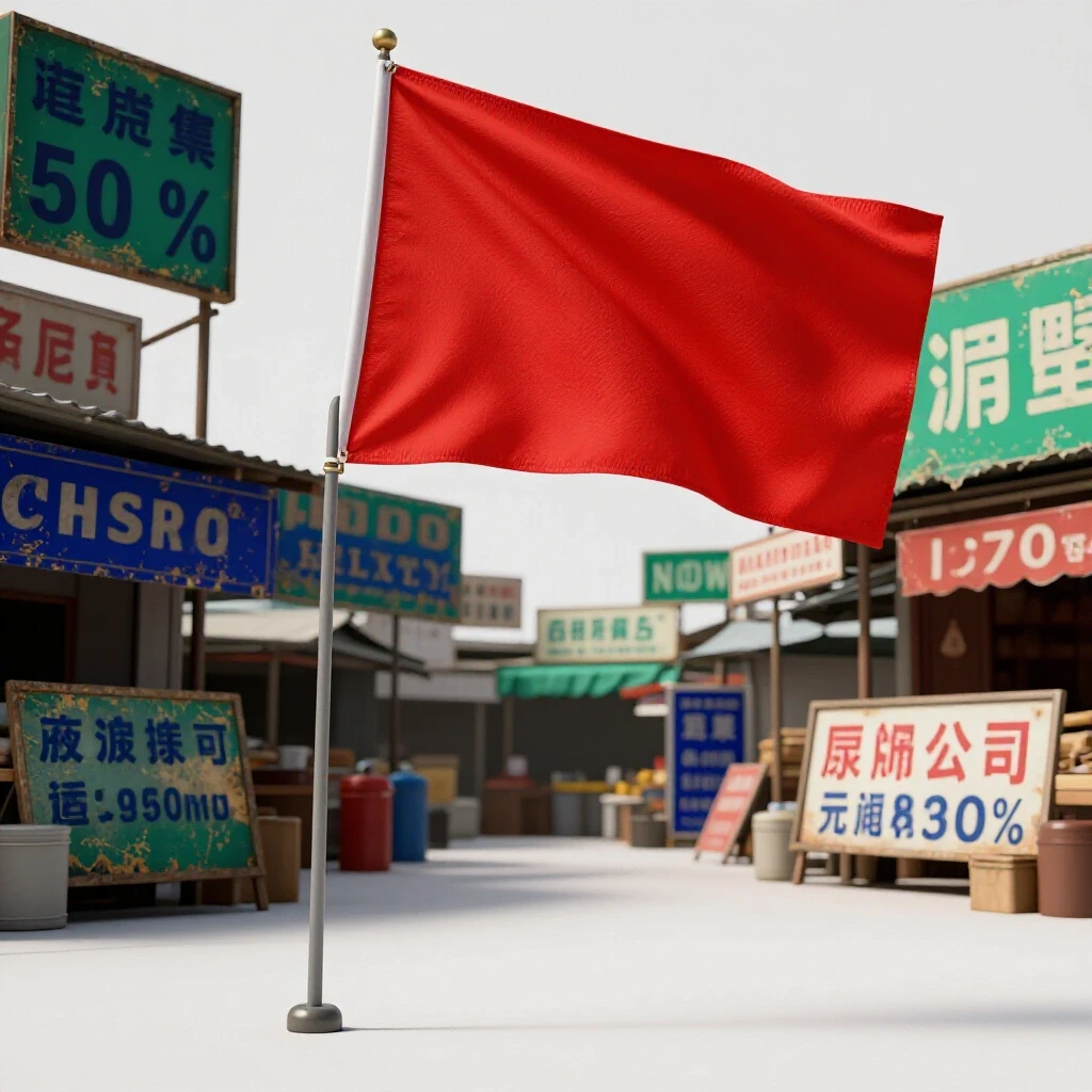 A vibrant crimson red flag waving in a cluttered marketplace filled with faded service offer signs, symbolizing failing offers.