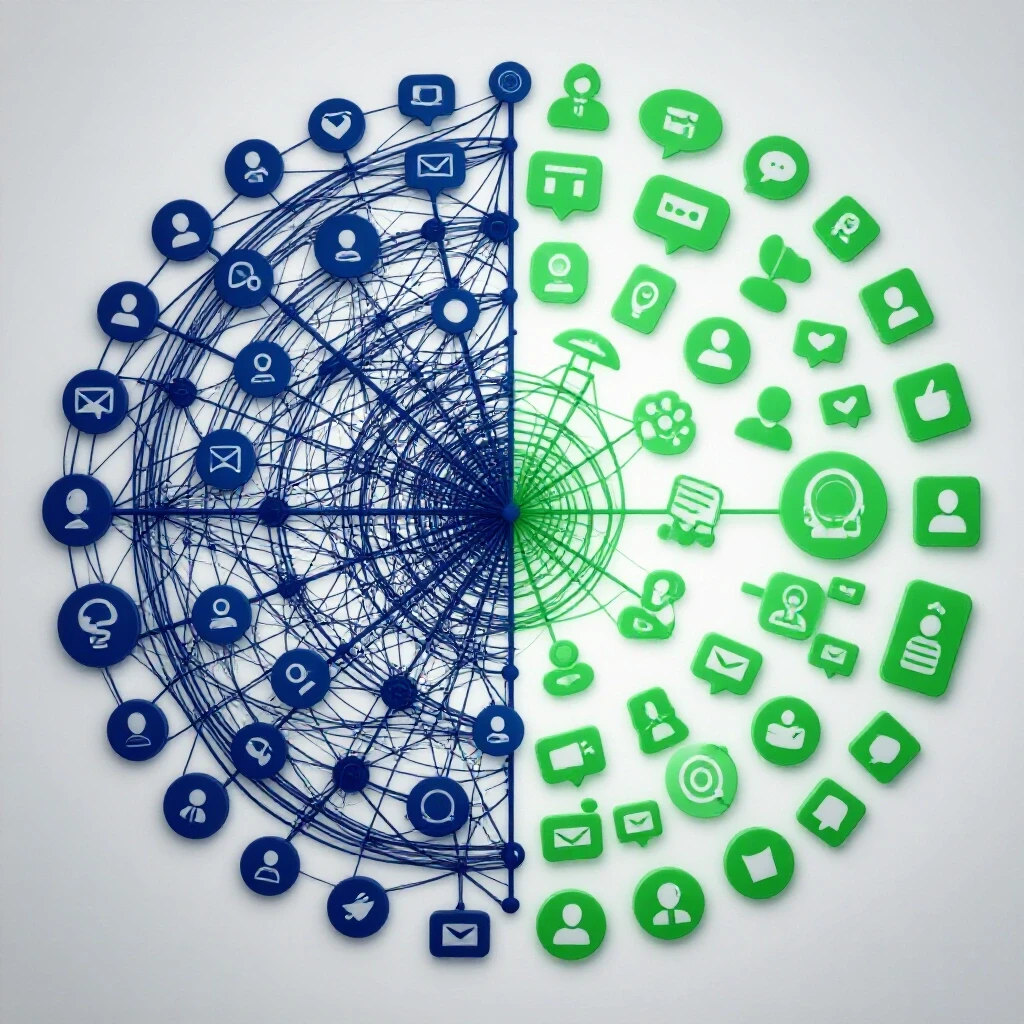 A split image contrasting chaotic social media icons symbolizing bad client fits and harmonious icons representing ideal clients.