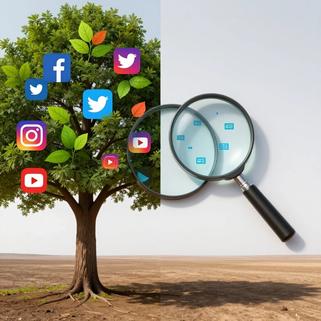 A vibrant split-screen image showing a flourishing tree with social media icons as leaves and a barren landscape with data points examined by a magnifying glass.