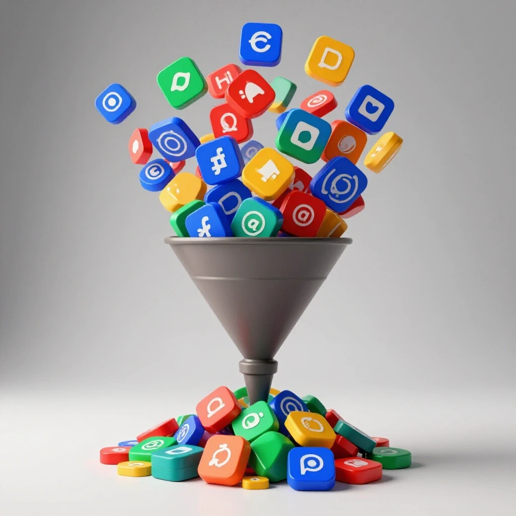 A 3D rendering of a funnel cascading vibrant social media icons, symbolizing engagement strategies in marketing.